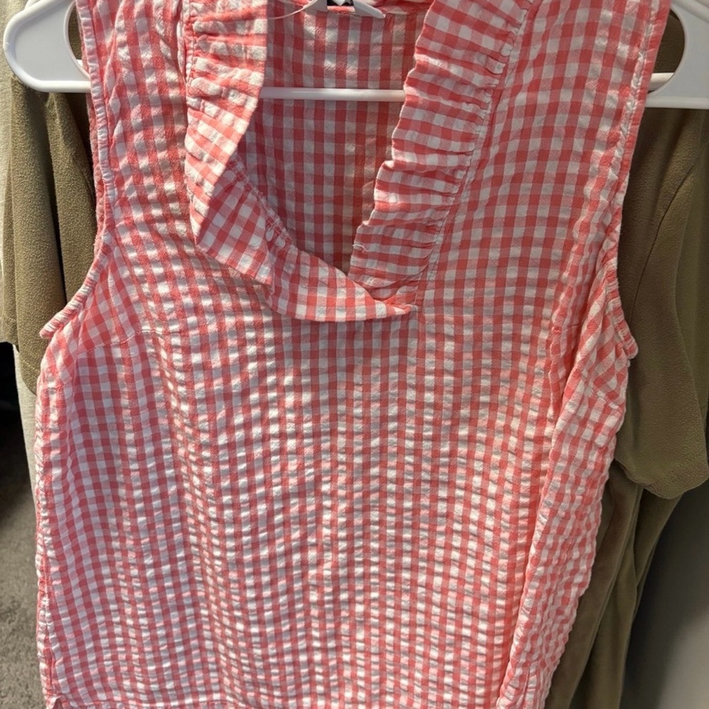 Crown & Ivy Pink Gingham Ruffle neck Top